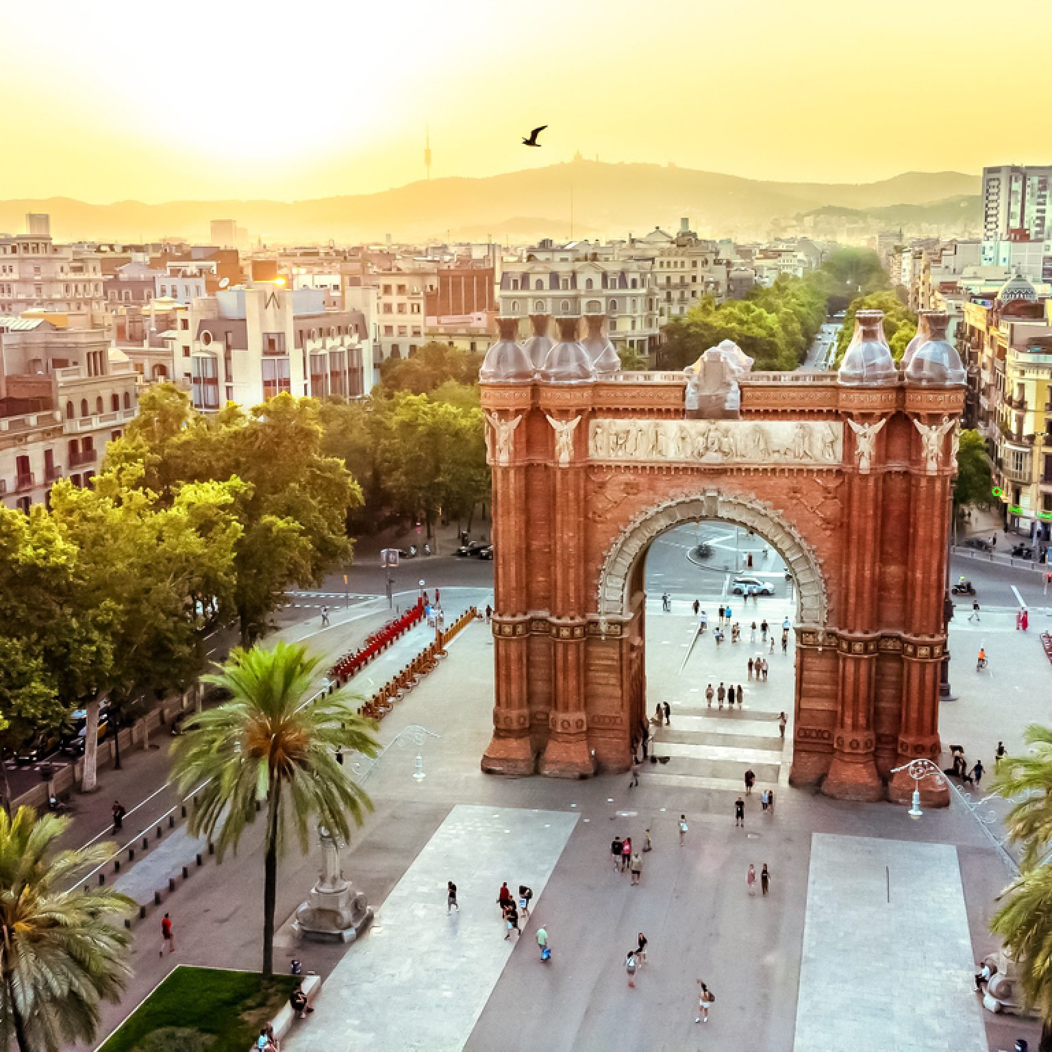 Aerial view of the Arc of the Triumph, a triumphal arch in the city of Barcelona, in Catalonia, Spain
