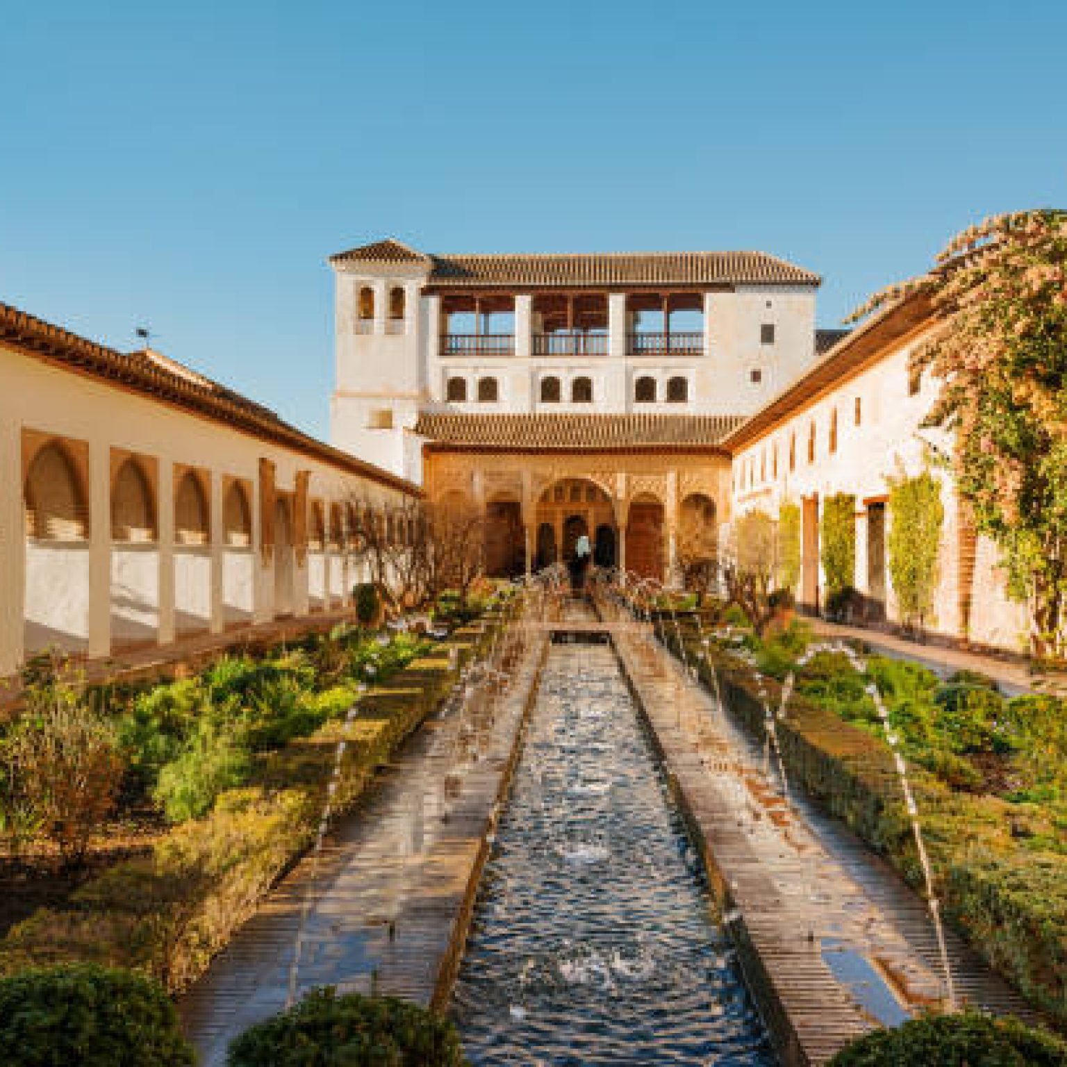 Courtyard and fountains of Generalife palace in Alhambra, Granada